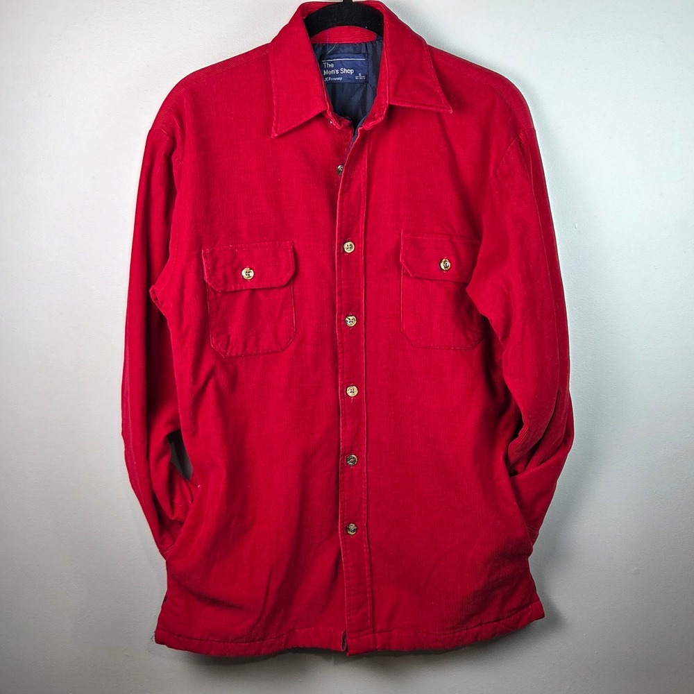 JCPenney Shirt Jacket Mens S Red Excellent Vintage Corduroy Quilted Shacket
